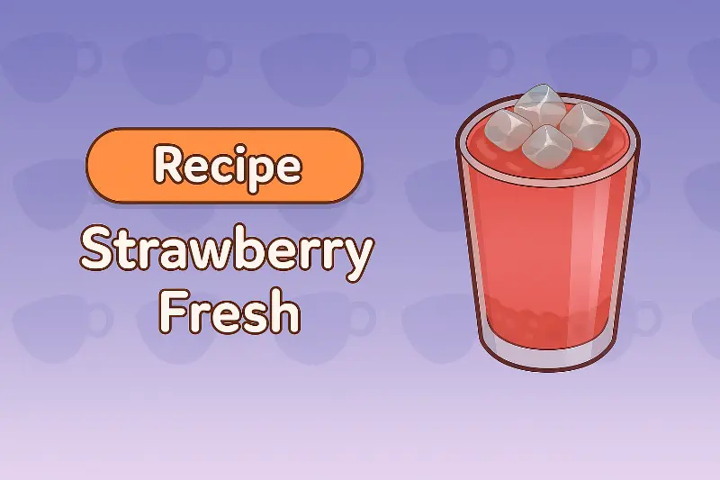 A vibrant red, non-coffee Strawberry Fresh drink in a large glass, filled with ice.